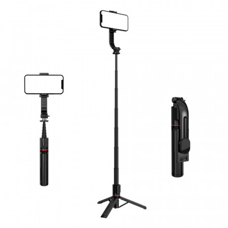 Selfie stick cu trepied si telecomanda Bluetooth, dimensiune 106cm, Skyddar Self - Negru