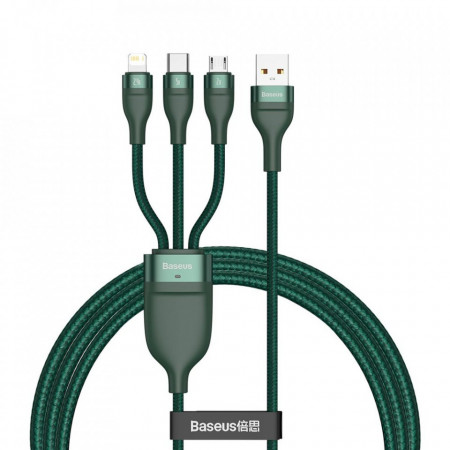 Cablu de date 3in1 USB la Type-C / Lightning / Micor-USB, 66W, 1.2m, Baseus Flash Series (CA1T3-06) - Verde