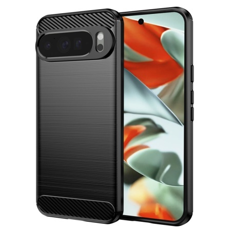 Husa pentru Google Pixel 9 Pro XL, SKYDDAR INNOVATION, Carbon Silicone, din Silicon Slim, cu textura Fibra Carbon, set cu sticker, Negru