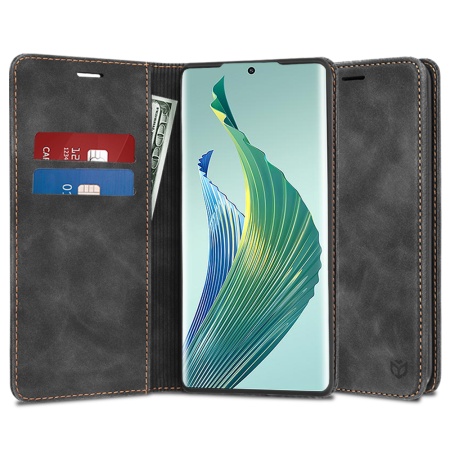 Husa pentru Honor Magic5 Lite, SKYDDAR INNOVATION, Soft Wallet, tip Carte din piele Eco Premium, cu Portofel Interior, Negru, set cu sticker