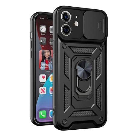 Husa pentru iPhone 12 mini, SKYDDAR INNOVATION, CamShield, Inel magnetic, set cu sticker, Negru