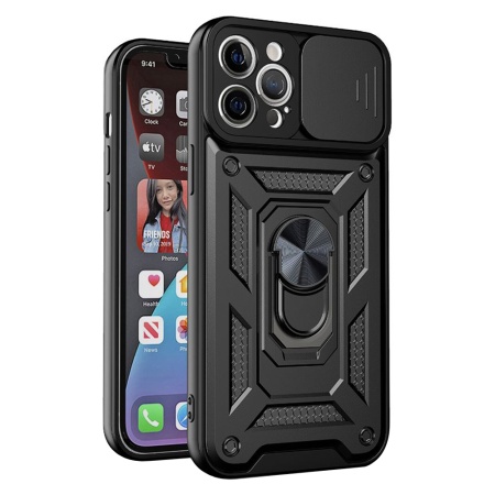 Husa pentru iPhone 12 Pro Max, SKYDDAR INNOVATION, CamShield, Inel magnetic, set cu sticker, Negru