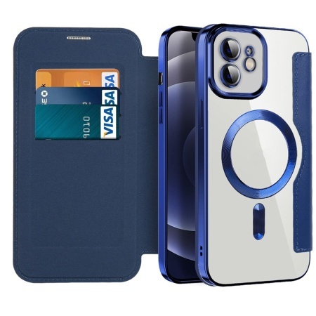 Husa pentru iPhone 12 tip carte, SKYDDAR INOVATION, SmartMag Book, Magsafe, RFiD, Suport Carduri, set cu sticker, Albastru
