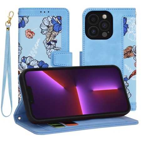 Husa pentru iPhone 13 Pro, SKYDDAR INNOVATION, Flipcraft din Piele Ecologică, Stand Integrat, Buzunare pentru Carduri, set cu sticker, Bleu