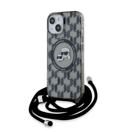 Husa pentru iPhone 15, Karl Lagerfeld, IML Crossbody MagSafe, Monogram Karl&Choupette Head