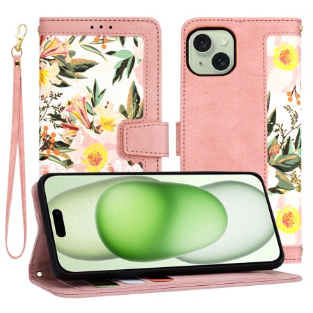 Husa pentru iPhone 15 Plus, SKYDDAR INNOVATION, Floral Wallet, din Piele Ecologică cu Design Floral, Protecție 360°, Stand Integrat, Buzunare pentru Carduri, Roz, set cu sticker