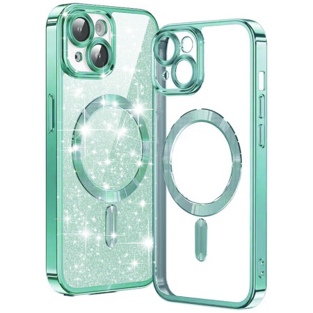 Husa pentru iPhone 15 Plus, SKYDDAR INNOVATION, Luxury Glitter Magsafe, Antisoc, Fundal Detasabil 2-in-1, Protectie Superioara, Margini Ridicate, Verde deschis, set cu sticker