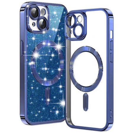 Husa pentru iPhone 15 Plus, SKYDDAR INNOVATION, Luxury Glitter Magsafe, Antisoc, Fundal Detasabil 2-in-1, Protectie Superioara, Margini Ridicate, Albastru, set cu sticker