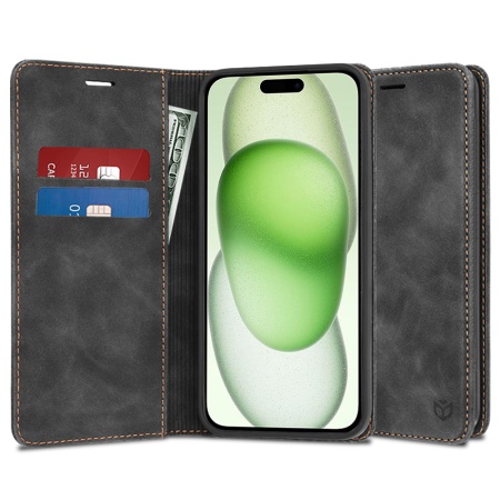 Husa pentru iPhone 15 Plus, SKYDDAR INNOVATION, Soft Wallet, tip Carte din piele Eco Premium, cu Portofel Interior, Negru, set cu sticker