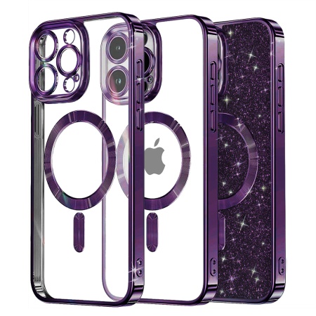 Husa pentru iPhone 15 Pro Max, SKYDDAR INNOVATION, Luxury Glitter Magsafe, Antisoc, Fundal Detasabil 2-in-1, Protectie Superioara, Margini Ridicate, Mov, set cu sticker