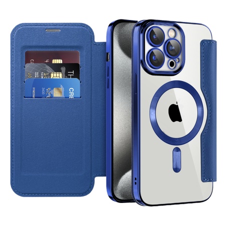 Husa pentru iPhone 15 Pro Max tip carte, SKYDDAR INOVATION, SmartMag Book, Magsafe, RFiD, Suport Carduri, set cu sticker, Albastru