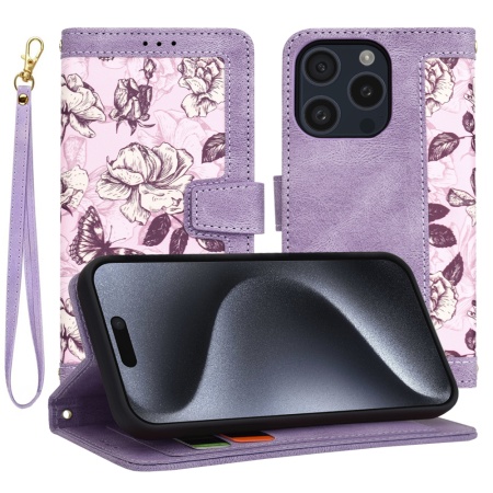 Husa pentru iPhone 15 Pro, SKYDDAR INNOVATION, Floral Wallet, din Piele Ecologică cu Design Floral, Protecție 360°, Stand Integrat, Buzunare pentru Carduri, Mov, set cu sticker
