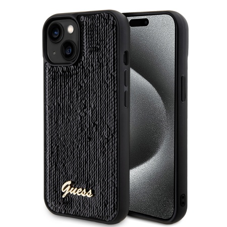 Husa pentru iPhone 15, Sequin Script Metal, Guess - Negru