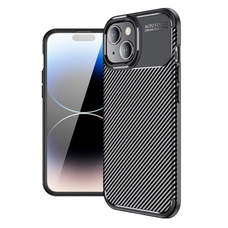 Husa pentru iPhone 15, SKYDDAR INNOVATION, CarbonFiber, Antisoc, Negru, set cu sticker