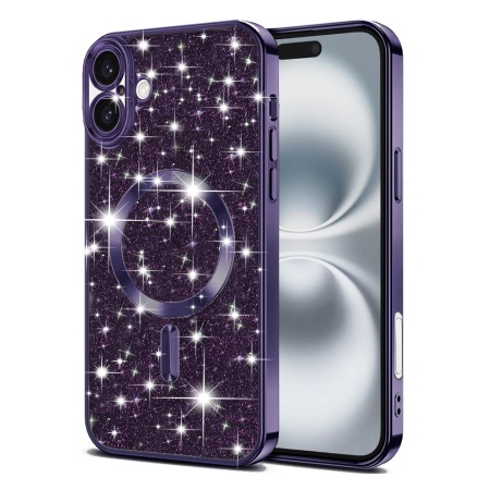 Husa pentru iPhone 16 Plus, SKYDDAR INNOVATION, Luxury Glitter Magsafe, Antisoc, Fundal Detasabil 2-in-1, Protectie Superioara, Margini Ridicate, Mov, set cu sticker