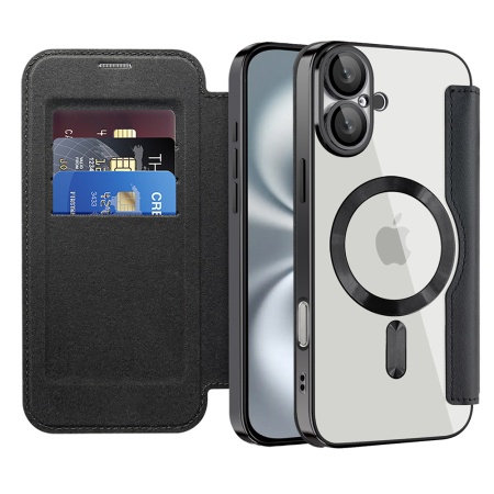 Husa pentru iPhone 16 Plus tip carte, SKYDDAR INOVATION, SmartMag Book, Magsafe, RFiD, Suport Carduri, set cu sticker, Negru