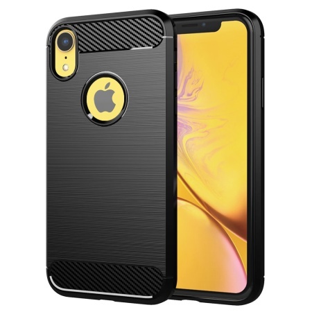 Husa pentru iPhone XR, SKYDDAR INNOVATION, Carbon Silicone, din Silicon Slim, cu textura Fibra Carbon, set cu sticker, Negru