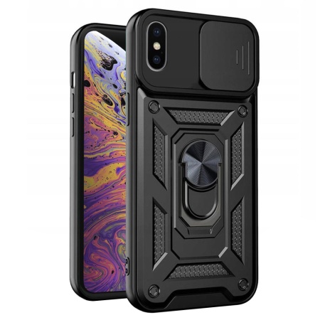 Husa pentru iPhone XS Max, SKYDDAR INNOVATION, CamShield, Inel magnetic, set cu sticker, Negru
