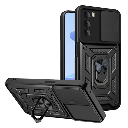 Husa pentru Oppo A16 / A16s / A54s, SKYDDAR INNOVATION, CamShield, Inel magnetic, set cu sticker, Negru