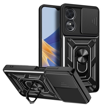 Husa pentru Oppo A17, SKYDDAR INNOVATION, CamShield, Inel magnetic, set cu sticker, Negru
