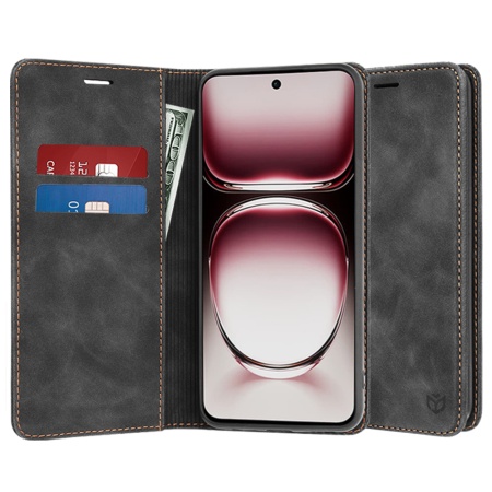 Husa pentru Oppo Reno12 Pro, SKYDDAR INNOVATION, Soft Wallet, tip Carte din piele Eco Premium, cu Portofel Interior, Negru, set cu sticker