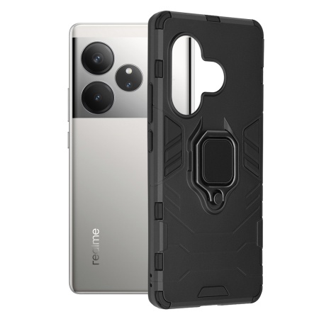 Husa pentru Realme GT 6 / GT 6T, SKYDDAR INNOVATION, Silicone Shield, cu Inel Magnetic, Antisoc, set cu sticker, Negru
