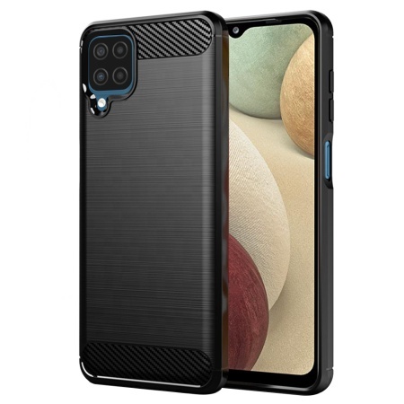 Husa pentru Samsung Galaxy A12 / Galaxy A12 Nacho, SKYDDAR INNOVATION, Carbon Silicone, din Silicon Slim, cu textura Fibra Carbon, set cu sticker, Negru