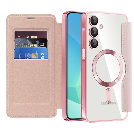 Husa pentru Samsung Galaxy A16 4G / Galaxy A16 5G tip carte, SKYDDAR INOVATION, SmartMag Book, Magsafe, RFiD, Suport Carduri, set cu sticker, Roz