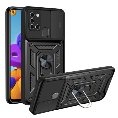 Husa pentru Samsung Galaxy A21s, SKYDDAR INNOVATION, CamShield, Inel magnetic, set cu sticker, Negru