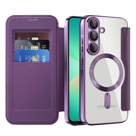 Husa pentru Samsung Galaxy A26 5G tip carte, SKYDDAR INOVATION, SmartMag Book, Magsafe, RFiD, Suport Carduri, set cu sticker, Mov