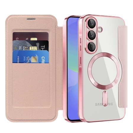 Husa pentru Samsung Galaxy A36 5G tip carte, SKYDDAR INOVATION, SmartMag Book, Magsafe, RFiD, Suport Carduri, set cu sticker, Roz