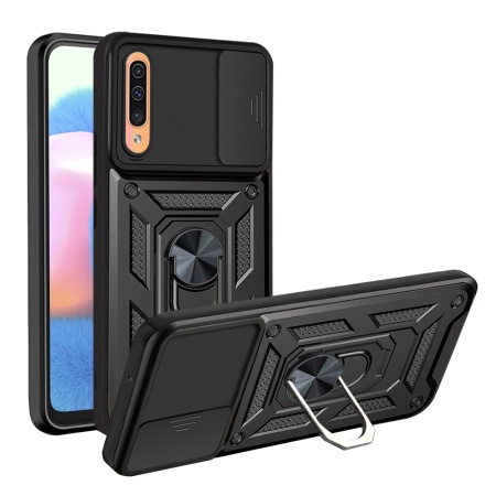Husa pentru Samsung Galaxy A50 / Galaxy A30s / Galaxy A50s, SKYDDAR INNOVATION, CamShield, Inel magnetic, set cu sticker, Negru