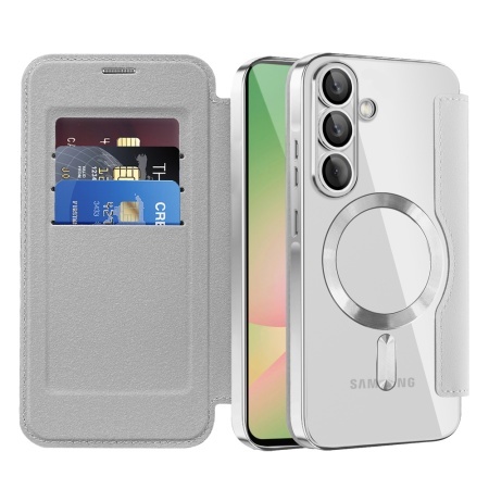 Husa pentru Samsung Galaxy A56 5G tip carte, SKYDDAR INOVATION, SmartMag Book, Magsafe, RFiD, Suport Carduri, set cu sticker, Gri