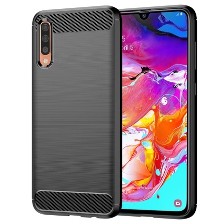 Husa pentru Samsung Galaxy A70 / Galaxy A70s, SKYDDAR INNOVATION, Carbon Silicone, din Silicon Slim, cu textura Fibra Carbon, set cu sticker, Negru