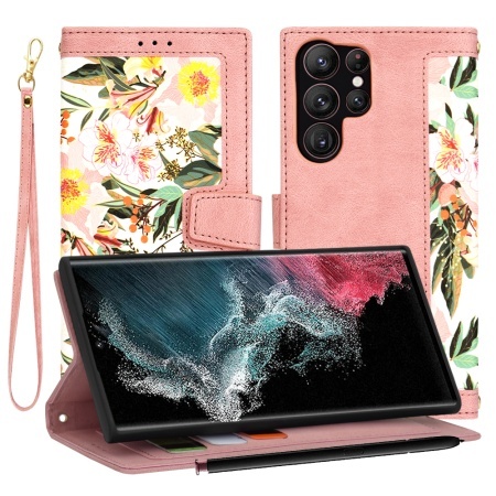 Husa pentru Samsung Galaxy S22 Ultra 5G, SKYDDAR INNOVATION, Flipcraft din Piele Ecologică, Stand Integrat, Buzunare pentru Carduri, set cu sticker, Roz