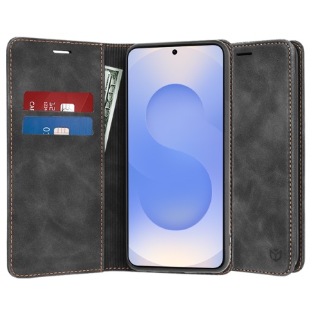 Husa pentru Samsung Galaxy S25, SKYDDAR INNOVATION, Soft Wallet, tip Carte din piele Eco Premium, cu Portofel Interior, Negru, set cu sticker