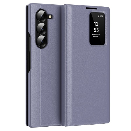 Husa pentru Samsung Galaxy Z Fold5 tip carte, Skyddar, cu portofel si SmartView, Premium, set cu sticker, Mov