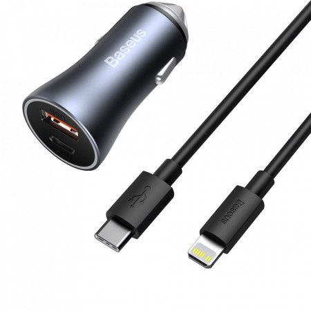 Incarcator auto USB-A, USB-C, 40W cu cablu Type-C la Lightning, Baseus (TZCCJD-B0G) - Gri inchis