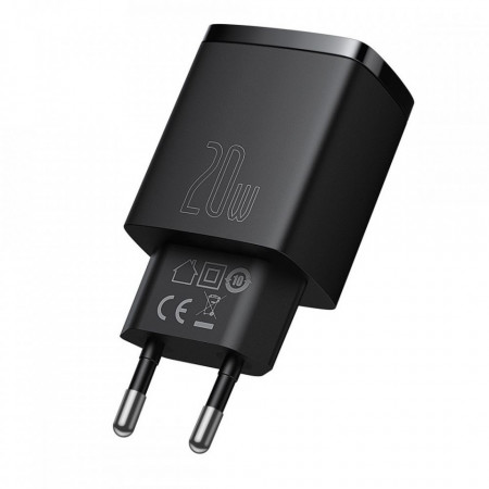Incarcator priza Compact, USB-C, PD, 20W si USB-A, QC, 3A, Baseus (CCXJ-B01) - Negru