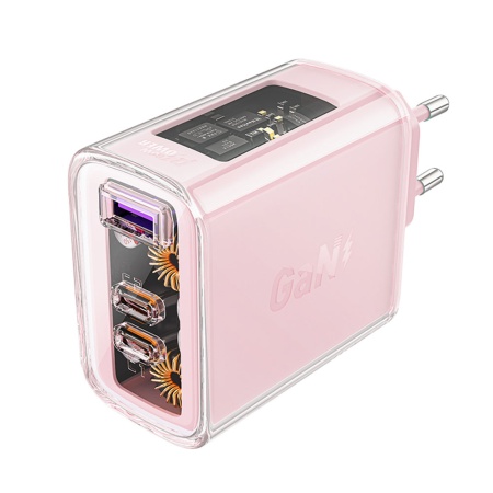 Incarcator Priza, Incarcare Rapida, AcesFast, 2x Type-C, USB, GaN, incarcare rapida PD65W, A45, Roz