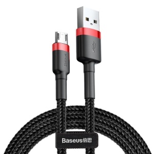 Cablu Date si Incarcare Baseus Cafule 1m, USB la Micro-USB, 2.4A, Quick Charge, Nylon Textil, Prindere Velcro, Negru/Rosu