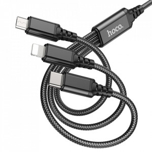 Cablu de Date 3in1 USB la Type-C, Micro-USB, Lightning, Fast Charging 2A, 1m, Hoco - Negru - Img 5