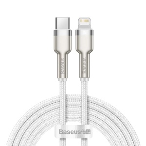 Cablu iPhone USB-C la Lightning, PD 20W, 2m, Fast Charging, Conectori Metalici, Baseus Cafule Series Metal CATLJK, Alb