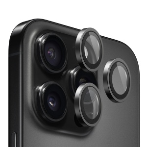 Folie camera pentru iPhone 16 Pro / 16 Pro Max, Blueo, Sticla Securizata, Ultra HD, Original Metal Frame Lens Protector, Set de 3, Negru
