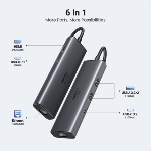 Hub Type-C la 2x USB3.2, 2x Type-C, HDMI, RJ45, PD100W, 10Gbps, 1000Mbps, Ugreen, Gri - Img 4