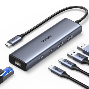Hub Type-C to 2x USB, 2x USB-C, RJ45, Plug & Play, 10Gbps, Ugreen CM512, Gri