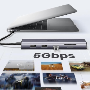 Hub USB-C la Type-C, 3x USB, HDMI, RJ45, Jack 3.5mm, VGA, TF, SD Card, Ugreen CM498, Gri - Img 6