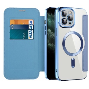Husa pentru iPhone 11 Pro Max tip carte, SKYDDAR INOVATION, SmartMag Book, Magsafe, RFiD, Suport Carduri, set cu sticker, Bleu