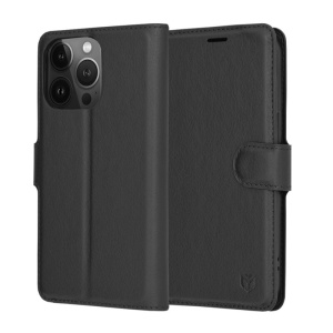 Husa pentru iPhone 13 Pro, SKYDDAR INNOVATION, Leather Folio, tip Carte, cu Portofel Interior, Finisaje Premium, Negru, set cu sticker  - Img 1