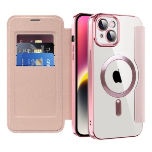 Husa pentru iPhone 14 Plus tip carte, SKYDDAR INOVATION, SmartMag Book, Magsafe, RFiD, Suport Carduri, set cu sticker, Roz